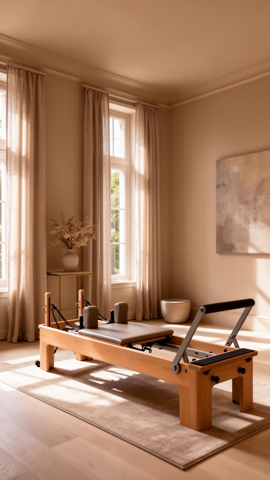 A serene private reformer Pilates suite with warm beige tones